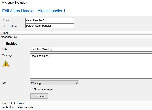 ADD ALARM HANDLER > MESSAGE BOX This option allows a dialog box to appear with a particular message when the alarm handler is invoked.