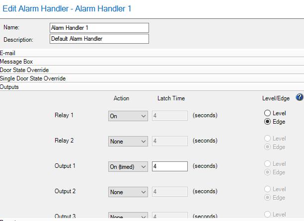 ADD ALARM HANDLER > DOOR STATE OUTPUTS This option allows any of the Door Controller outputs and/or relays to be operated when the alarm handler is invoked.