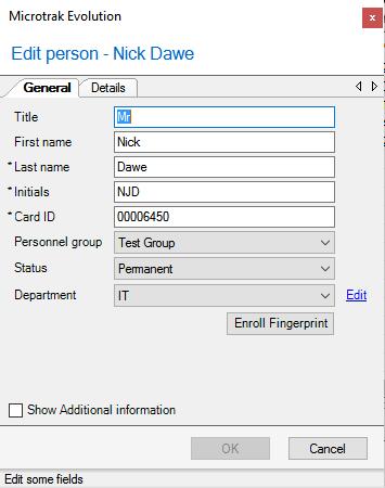 ADD PERSON > GENERAL Enter the General details into the relevant fields - Title, First Name, Last Name*, Initials*, Card ID* as required.