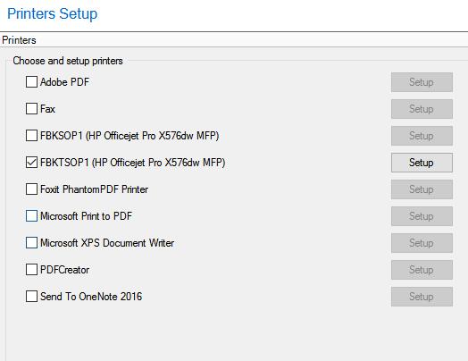 To setup which printer to use and how the report is displayed, click on the Page setup... link. This shows the printers installed on the system.