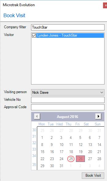 VISITOR MANAGEMENT > BOOK VISIT To book a visit click on the Book Visit link in the navigation window. This will open the Book Visit dialog box.