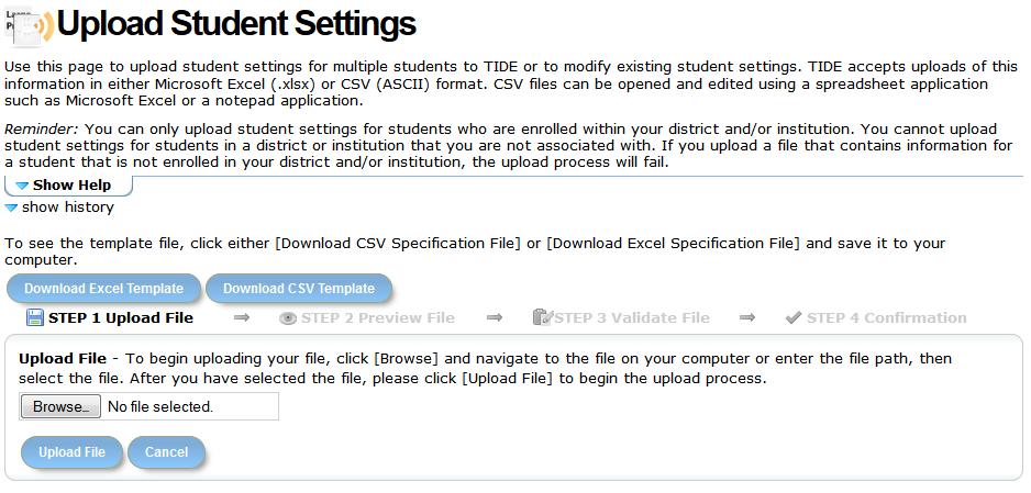 Task: Upload Student Settings OAKS Online 2014 2015 The Upload Student Settings page allows authorized users to upload test settings for multiple students as well as to modify students existing test