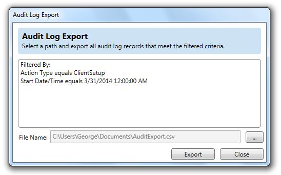 Ocularis Administrator User Manual Ocularis Administrator Exporting the Audit Log Audit Log search results may be exported to a.csv (comma separate value) file.
