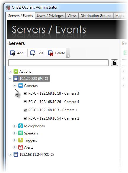 Ocularis Administrator Ocularis Administrator User Manual Servers List As recording servers are added to Ocularis, the resulting Servers list is collapsible and expandable by clicking the symbol in