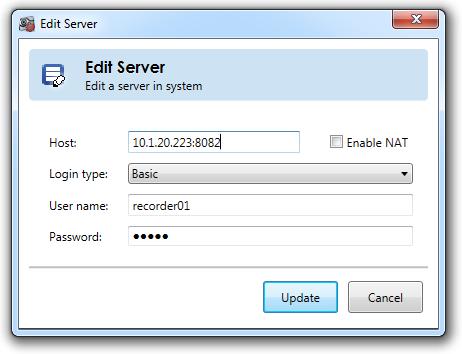 Ocularis Administrator Ocularis Administrator User Manual Editing a Server Follow these steps to modify a recorder s IP Address or changes to its corresponding username and password.