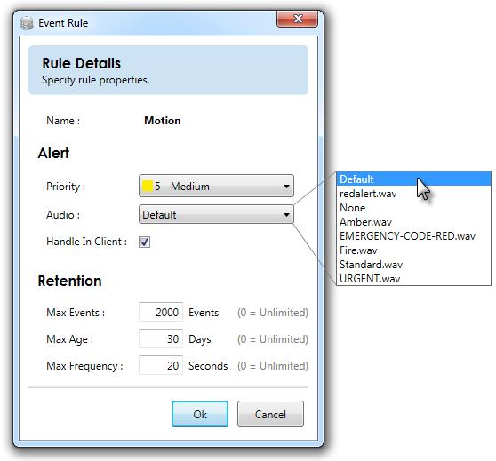 Ocularis Administrator Ocularis Administrator User Manual 5. Click Ok. selecting None. You should be aware of the default audio setting in the Assets Tab when configuring events.