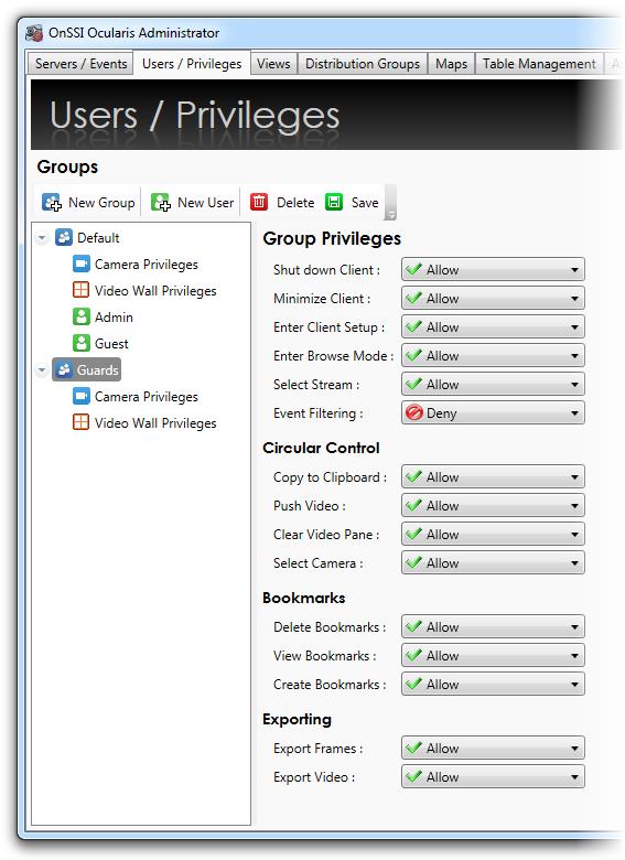 Ocularis Administrator Ocularis Administrator User Manual User Group Privileges Privileges to specific functions of Ocularis may be set on a user group basis.
