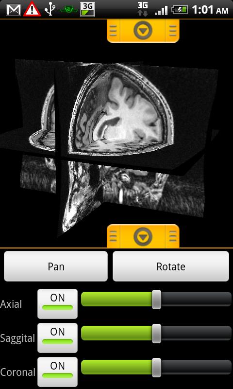 Implemented Rotation view: Mode selected by a button in the bottom sliding panel. Gliding of a single finger will rotate the 3D camera around the 3D scene.