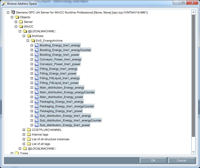 Selecting elements Open the "Objects > WinCC > @LOCALMACHINE:: > Archives > EnS_EnergyArchive" folder (1).