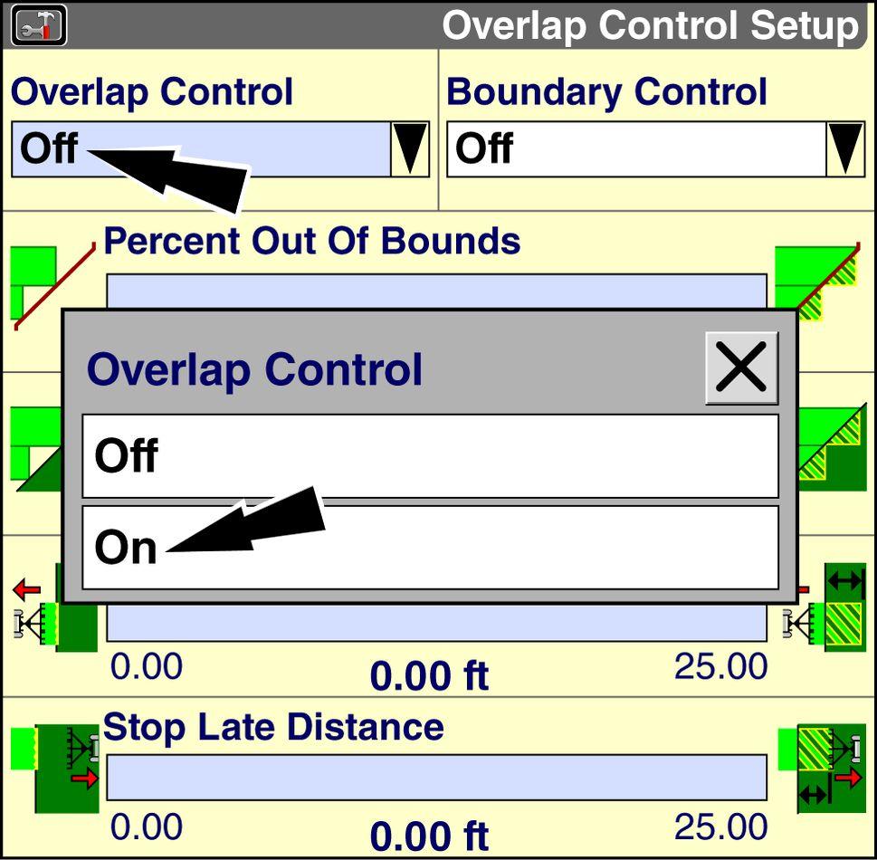 2 - SETUP Overlap Control Use the Overlap Control to enable or disable automatic overlap control for areas where product has already been applied.