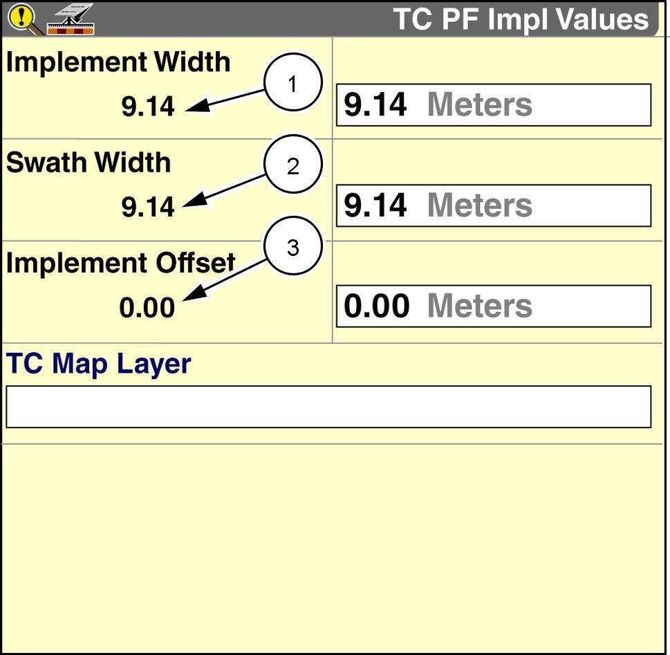 4 - TROUBLESHOOTING Confirm and update implement values (width, offset, product delay) Use the windows on the TC PF Implement Values screen: to view or change the Implement Width, Swath Width, and