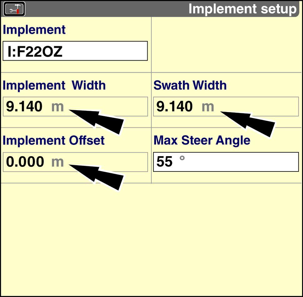 4 - TROUBLESHOOTING NOTE: The values in the Implement Width window, the Swath Width window, and the Implement Offset