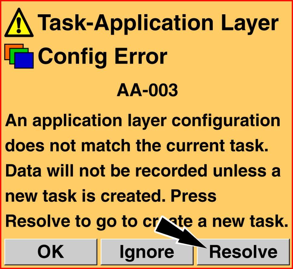 4 - TROUBLESHOOTING Error conditions and special considerations Task-Application Layer Config Error message (AA-003) The Task-Application Layer Config Error pop-up warning message advises the