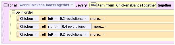 Find the For all together button at the bottom of the method editor, and drag it into chickenstogether. From the menu that pops up, select expressions, then world.