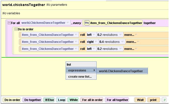 Drag item_from_chickensdancetogether over each of the other two buttons labeled Chicken so that each chicken performs the whole sequence of methods.