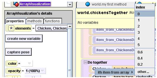 Even though it is invisible, the array is still there and functional. Drag a Do Together into your chickenstogether method. Then, drag the following code into the Do Together.