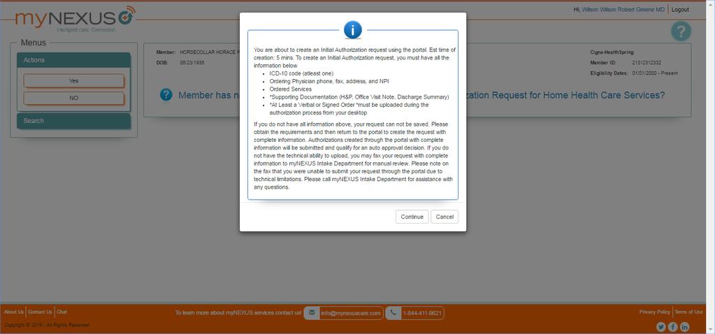 Creating Authorizations 1 2 1. Review the message that appears in the pop-up window.