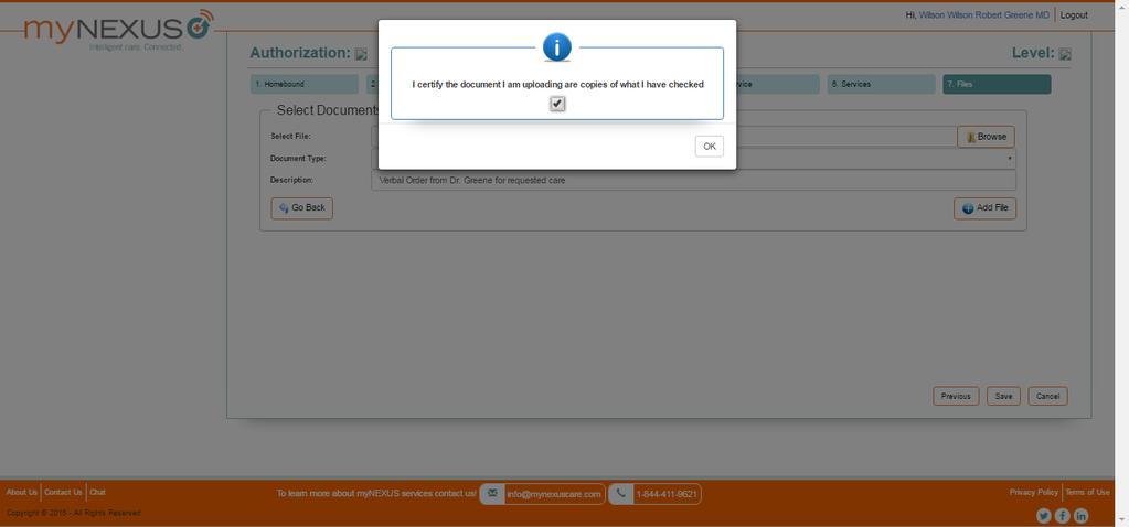 Creating Authorizations 6 7 5 5. Click the down-arrow of the Document Type field and select the appropriate option. 6. Type a brief description for the document being uploaded. 7. Click Add File.