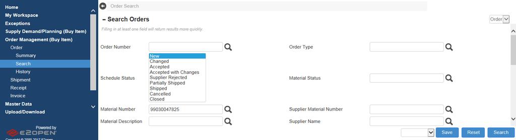 Alternatively, a. You can navigate to Order Management > Order > Search b. You can enter your search criteria such as: - Order Number (PO or BO number) - Material Number - Plant c.