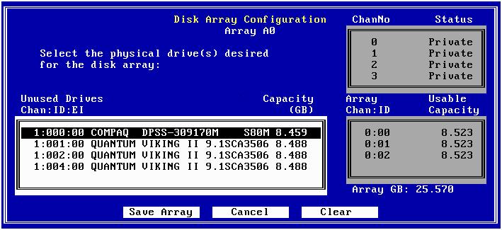 Drive Configuration Figure 2-69. Sample Disk Array Configuration If you re not satisfied with your drive selections, use the arrow key to select Clear, then press Enter.