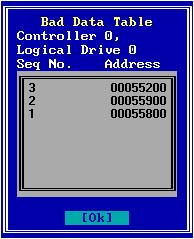The Bad Data Table screen for the selected logical drive is displayed (Figure 4-13).