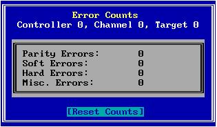This screen shows the following information: The identity of this physical device in terms of its controller, channel, and target ID The number of parity errors detected The number of soft errors
