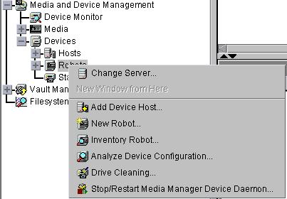 Configuring Veritas NetBackup Version 4.5 for NDMP Adding a Robot (Tape Library) From the main menu, select and expand Media and Device Management > Devices, then do the following: 1.