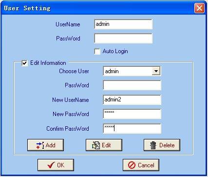 4.3 User Add When logging in, user will note that the default user name is admin and no password. User can add users and passwords as needed.