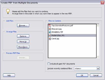 Creating PDF documents from multiple files within Acrobat In addition to converting individual files to Adobe PDF directly from Acrobat, you can also combine different file types into one Adobe PDF