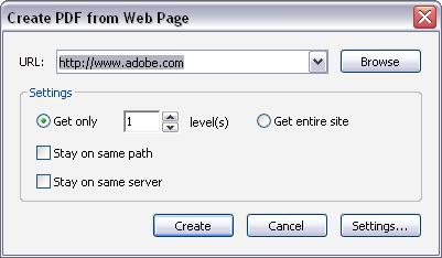 Converting Web pages to PDF files In Acrobat, you can download HTML pages from the World Wide Web or an intranet and convert them to Adobe PDF just by specifying a URL. To convert web pages to PDF: 1.