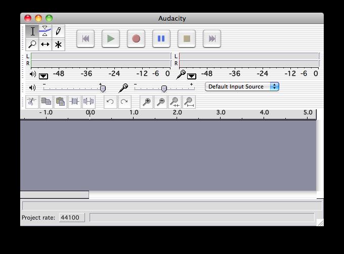 In the Macintosh environment, Audacity looks like this Because the application looks very similar and operates the same in both environments, the following introductory tutorial can be used for both