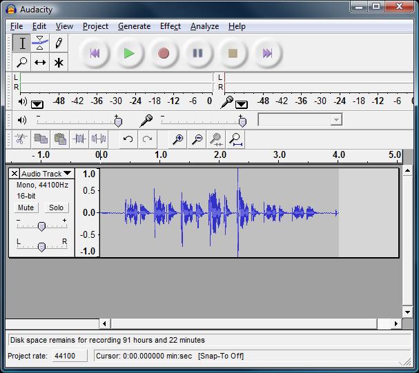 Recording a voice clip with Audacity. To record a voice clip (1) Click the Record button. (2) Start speaking into the microphone. (3) When you are done speaking, click the Stop button.