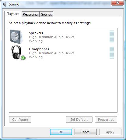 For the Windows environment: To set the configuration of the Playback and Recording devices (microphone and headphones/speakers) in the Windows environment, open the Sound dialog box Click Start,