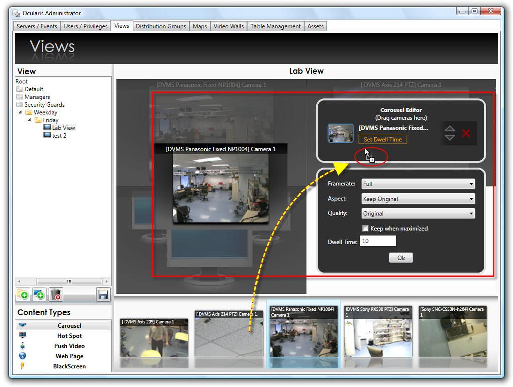 Figure 28 Click & Drag Camera Output to a Carousel 4. Once the cameras are listed in the Carousel Editor, they can be reordered or their dwell time may be modified. 5.