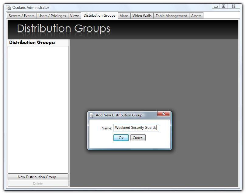 Distribution Groups Tab The Distribution Groups Tab allows system administrators the ability to configure how and when alerts are viewed and processed by users in the Ocularis Client.