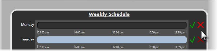 The Weekly Schedule appears in the details pane. 2. Click on the Clear Schedule icon next to the day of the week you wish to clear. The schedule for that day has been removed.