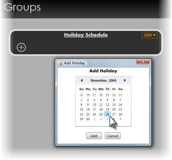 2. Select the year for the holiday from the year drop-down menu. 3. Click the Add New Holiday icon. An Add Holiday pop-up appears displaying a calendar. Figure 66 Select a date from the calendar 4.