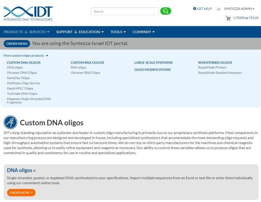 To order primers, under the category of DNA & RNA, select