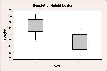 Basic Statistics Graph window output Interpreting the results The means shown in the Session window and the boxplots indicate that males are approximately 5.