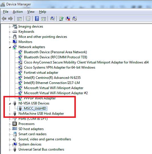In the Device Manager, under Network Adapters, check to confirm that N1 Visa USB Devices appears in the list, and that when