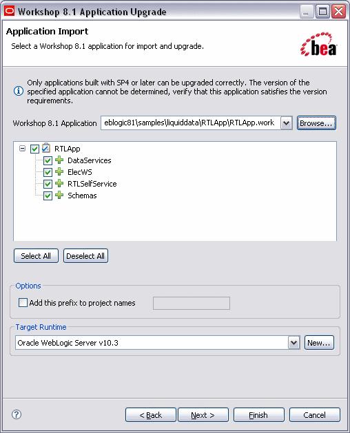 Upgrading from ALDSP 2.5 to Oracle Data Service Integrator 10gR3 3. Expand the Other option, select Workshop 8.1 Application, and click Next. The Workshop 8.