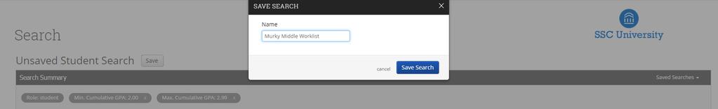 Worklist Creation Saved Search: To save a worklist, click the save button in the upper left hand corner of the page and you will be prompted to save your worklist.