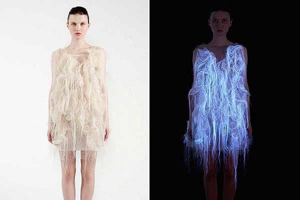 For example, the dress is made with holographic leather and reacts to sound.