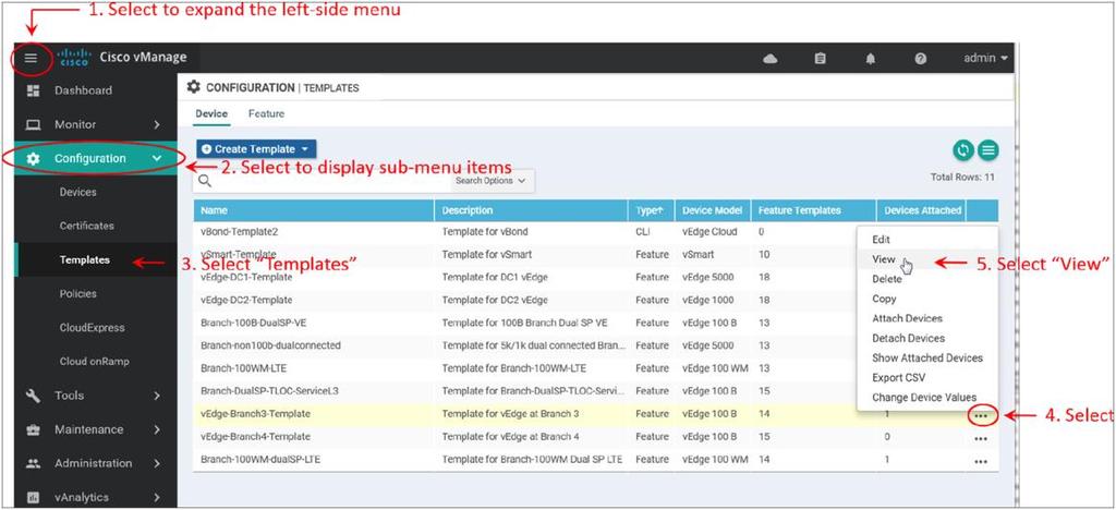 Figure D2 Expanded Configuration > Templates menu and device template list The resulting