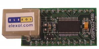USB245R - USB Plug and Play Parallel 8-Bit FIFO Development Module The USBMOD245R, is the latest RoHS compliant, low-cost integrated module for transferring data to / from a peripheral to a host PC
