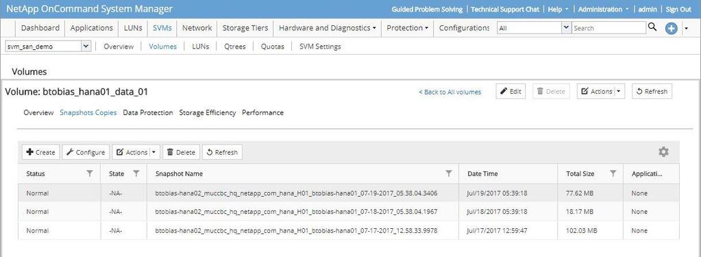 The related storage snapshot resulting from the SAP HANA backup is shown in NetApp System Manager.
