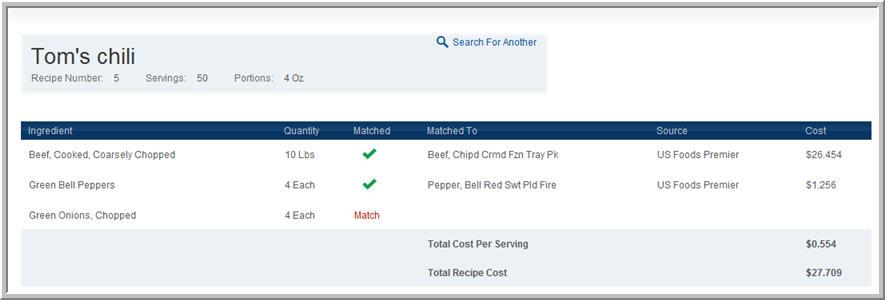 MealTracker will display the list of ingredients showing which are match and not matched. To match an ingredient click on the word "Match".