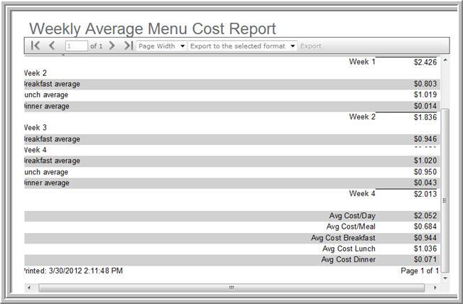 14 4.6 CostTracker Direct Avg. Tray Cost Report The Average Tray Cost Report displays or prints the average tray cost by meal. It breaks down the average cost for the day and by the tray.