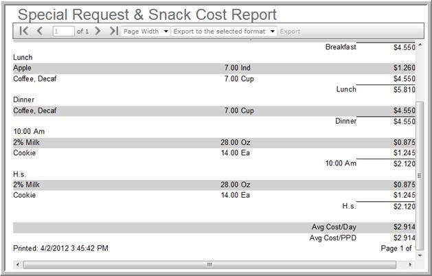 Cost Analysis 4.7 15 Snack Cost Report You can print a report of the Special requests and/or snack costs.