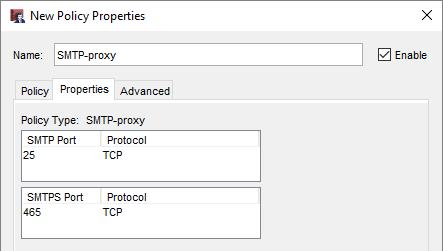Enabled (default ) SMTP proxy listens on ports 25 and 465 Required SMTP